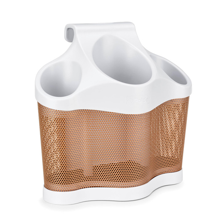 Polder Style Station, Tool Organizer for Hair Dryer, Curling Iron, and Straightener, Easy-to-Store Hair Styling Station, White and Copper