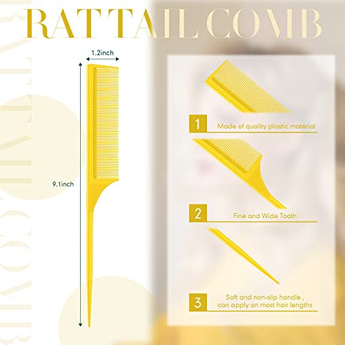 Leinuosen 2 Pack 9 Inch Rat Tail Comb for Women Fine Tooth Parting Comb Carbon Fiber Heat Resistant Teasing with Plastic Pick Hair Styling Thin Light