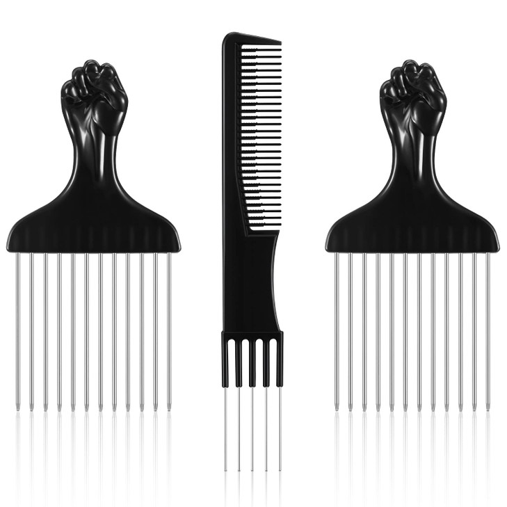 3 Pieces Hair Lift Combs with Metal Prongs for Women - Salon Teasing Back Combs in Pink or Black Carbon with Stainless Steel (Black)
