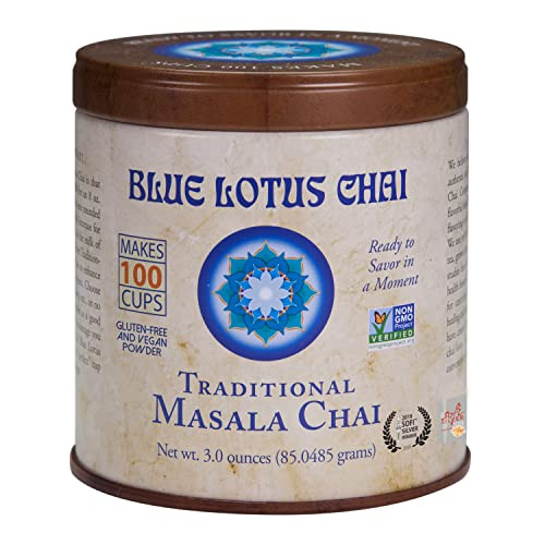 Blue Lotus Chai Tea - Traditional Masala Chai - Makes 100 Cups - 3 Ounce Masala Spiced Chai Powder with Organic Spices - Instant Indian Tea No Steepi