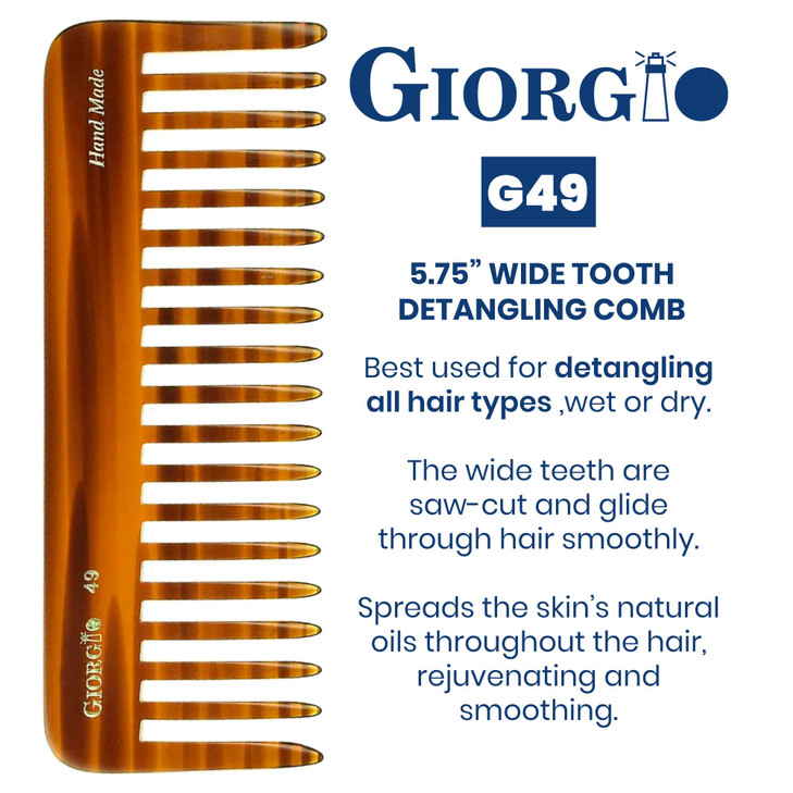 Giorgio G49 Large 5.75 Inch Detangling Comb, Wide Teeth for Thick Curly Wavy Hair. Long Hair Detangler Comb For Wet and Dry. Handmade of Quality Cell