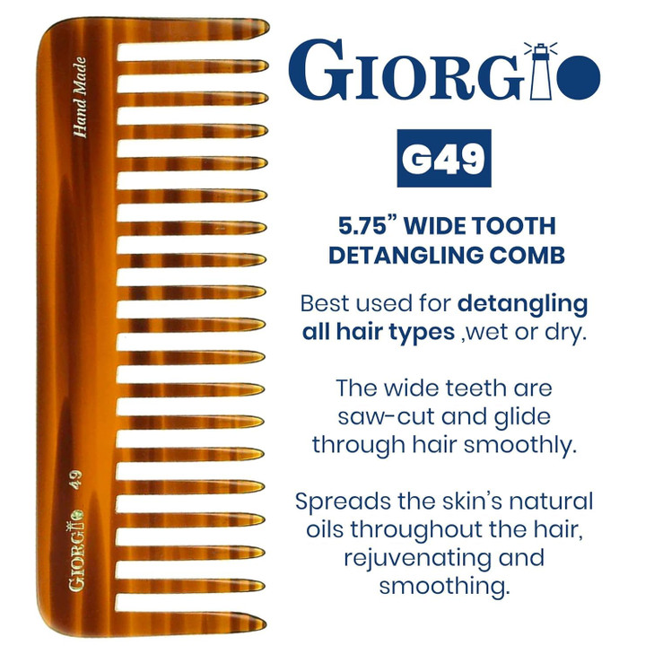 Giorgio G49 Large 5.75 Inch Hair Detangling Comb, Wide Teeth for Thick Curly Wavy Hair. Long Hairs Detangler Comb For Wet and Dry. Handmade of Cellul