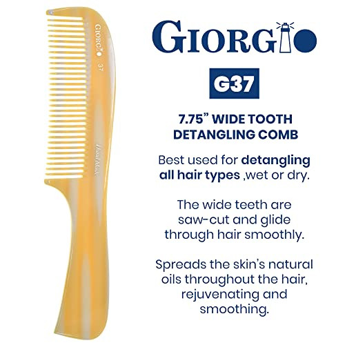 Giorgio G37 Large Coarse Detangler Comb, Wide Teeth for Thick, Curly, or Wavy Hair  For Wet and Dry Use, Handmade Rake Saw-Cut from Polished Cellulo