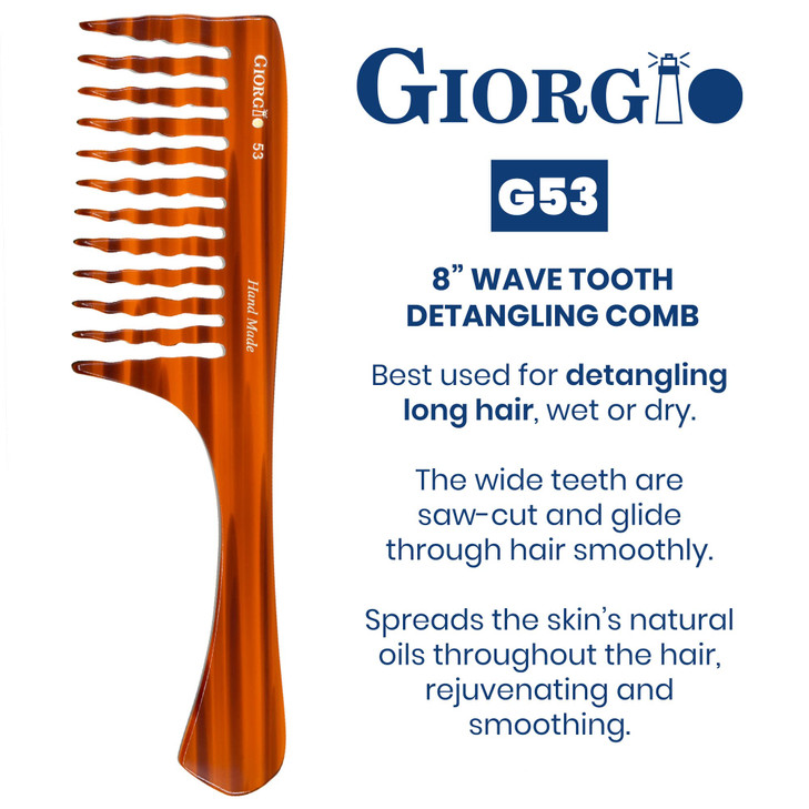 Giorgio G53 Wide Tooth Comb for Curly and Thick Hair - Handmade Detangler Rake Comb for Wet or Dry Hair, Hand Polished (8")
