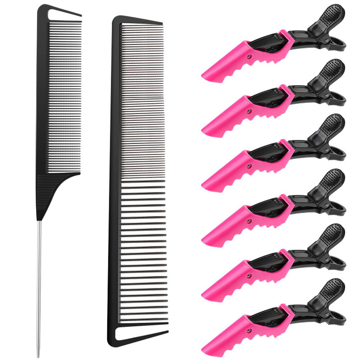 Patelai Hair Comb Set, 8 Pieces Rat Tail Combs, Teasing Combs, and Hand-held Alligator Clips, Carbon Fiber & Metal, for Hair Stylist, Braiding, Hair