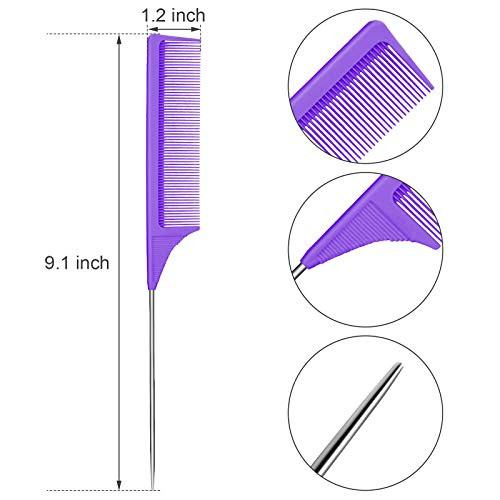 Leinuosen 3 Packs Rat Tail Comb Steel Pin Rat Tail Carbon Fiber Heat Resistant Teasing Combs with Stainless Steel Pintail ()