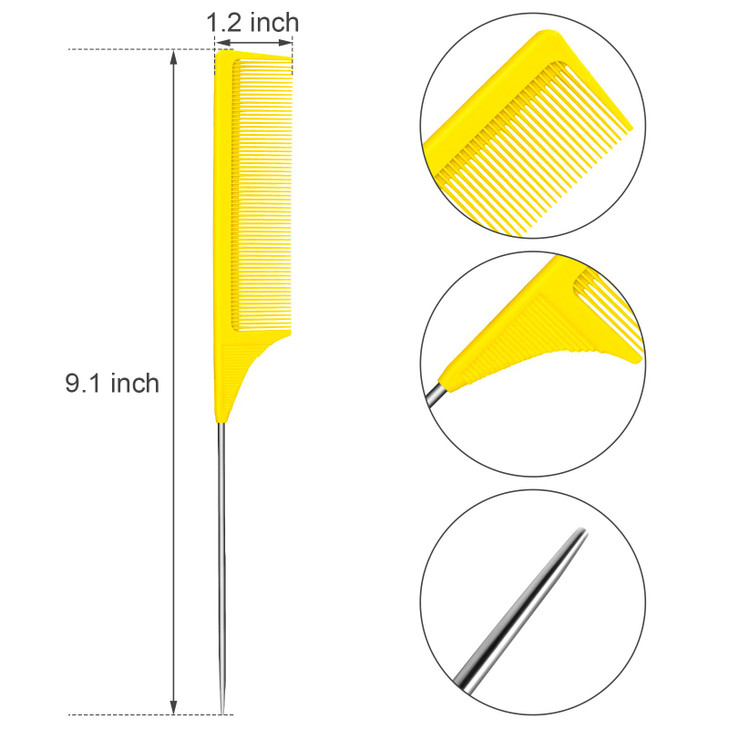 Leinuosen 3 Packs Rat Tail Comb Steel Pin Rat Tail Carbon Fiber Heat Resistant Teasing Combs with Stainless Steel Pintail (Yellow, Pink, Green)