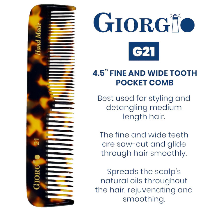 Giorgio G21 Fine Tooth and Wide Tooth Pocket Comb - Hair Styling Combs for Men and Women, Handmade Mustache and Beard Comb for Men for Grooming, Saw