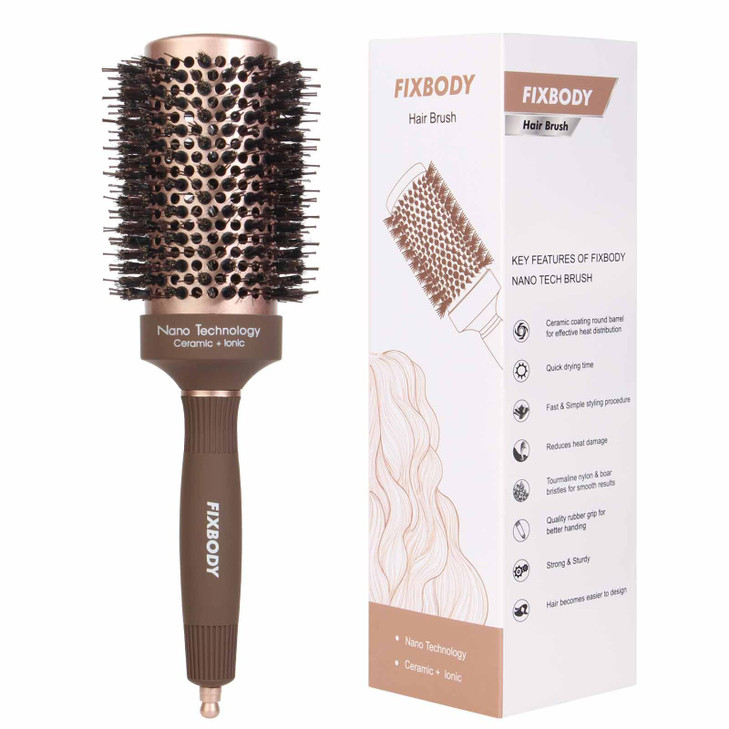 FIXBODY Hair Brush, Round Brush for Blow Drying, Curling, Styling, Nano Thermal Ceramic & Ionic Tech, Boar Bristle, 3.3 inch, 2 inch Barrel, for Wome