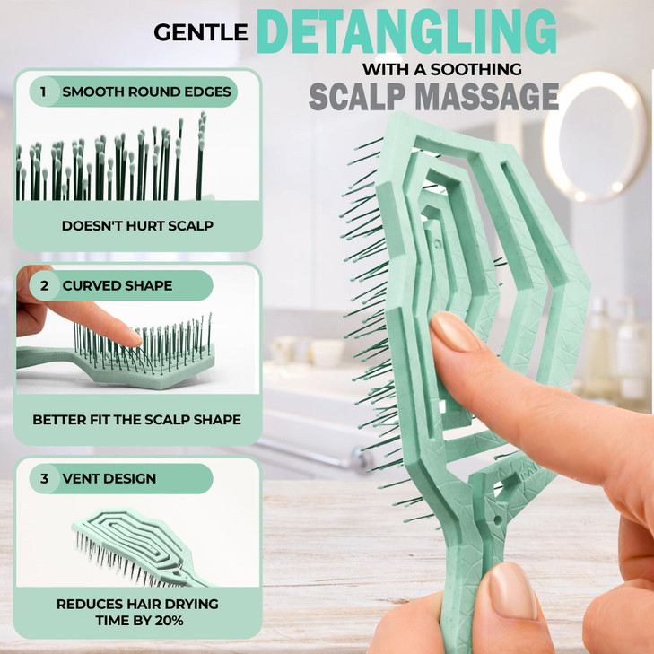 Fiora Naturals Hair Detangling Brush for Women - Detangler Hair Brush w/Flexible Soft Bristles- Gently Glides Through Tangles - Curly, Fine, Dry and