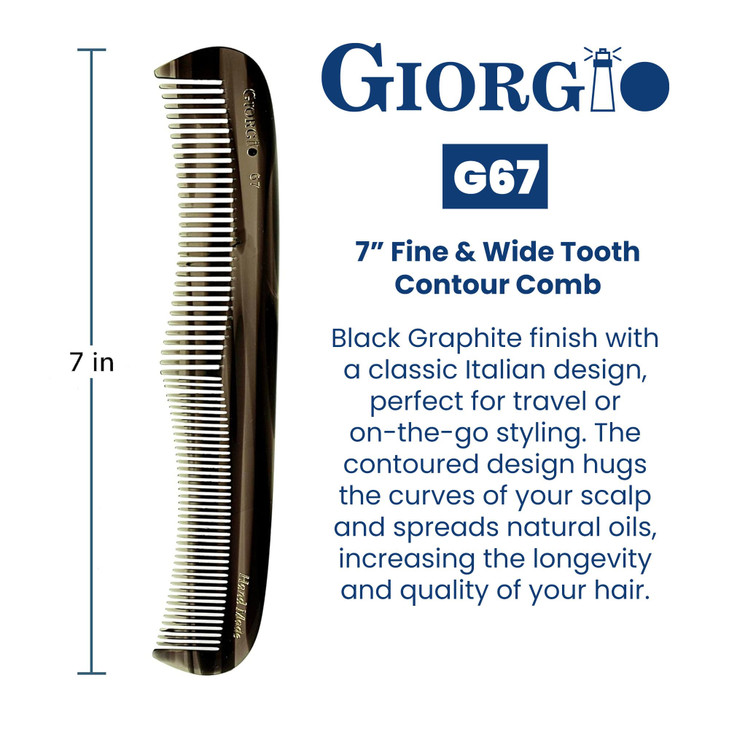 Giorgio G67 Contour Comb - Fine Tooth & Wide Tooth Comb for Thick & Thin Hair - Men, Women & Kids - Saw Cut, Handmade & Hand Polished (7")