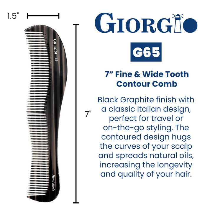 Giorgio G65 Contour Comb - Fine Tooth & Wide Tooth Comb for Thick & Thin Hair for Men, Women & Kids - Saw Cut, Handmade & Hand Polished (8.5")