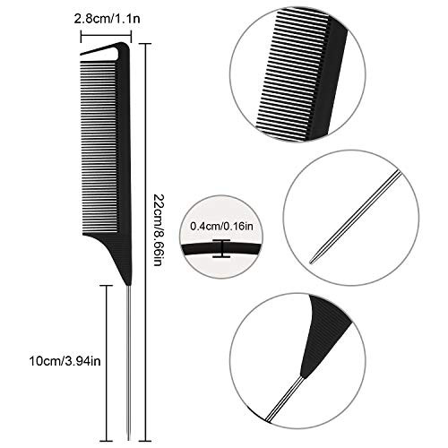 18 Pcs Rat Tail Combs Parting Rattail Teasing Fine Tooth Comb with Metal Pintail Heat Resistant Detangling Black Pink Combs for Women Braiding Curly