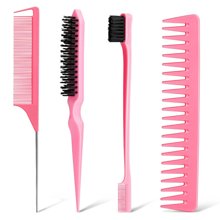 Anmieciu Hair Comb Set, 4Pcs Bristle Hair Edge Brush, Teasing Brush Comb, Rat Tail Comb and Wide Tooth Comb for Women Girls Men Combing, Smoothing an