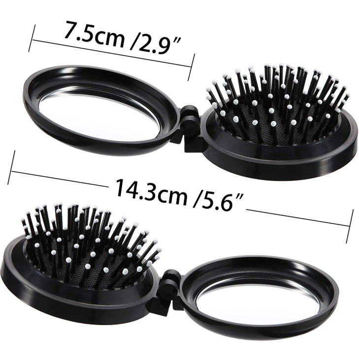 Boao 2 Pack Foldable Travel Mirror Hair Brushes Round Portable Folding Pocket Hair Brush Mini Comb Compact Travel Size Massage Comb for Men Women(Bla