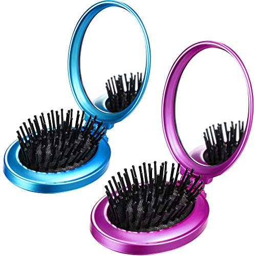 Boao 2 Pack Foldable Travel Mirror Hair Brushes Portable Folding Pocket Hair Brush Mini Comb Compact Travel Size Massage Comb for Men Women(Blue, Pur