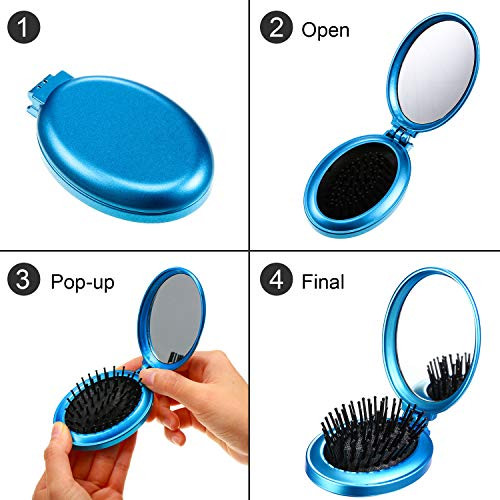 Boao 2 Pack Foldable Travel Mirror Hair Brushes Portable Folding Pocket Hair Brush Mini Comb Compact Travel Size Massage Comb for Men Women(Blue, Pur