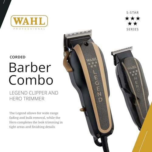 Wahl Professional 5-Star Barber Combo, Corded Legend Clipper & Hero T-Blade Trimmer Set, Black/Gold Finish