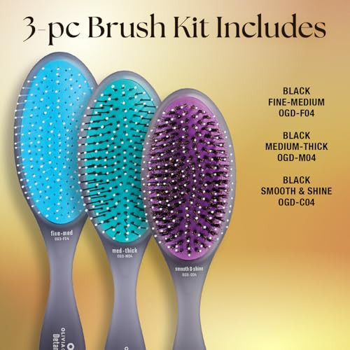 Olivia Garden Brush Collection, removable cushion, scalp hugging massages the scalp, 1 fine to medium, 1 medium to thick detangler, 1 smooth and shin