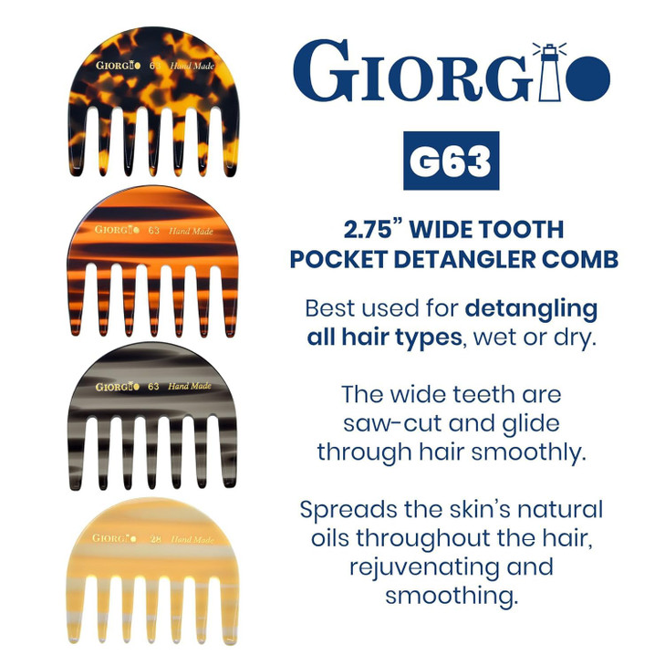Giorgio G63 Women's Detangling Comb, Pocket and Travel Wide Tooth Comb for Thick Hair, Hair Detangler for Wet and Dry Care. Handmade, Saw-Cut, and Po
