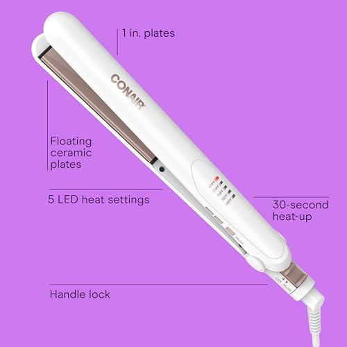 Conair Double Ceramic Flat Iron, 1-Inch Flat Iron Hair Straightener, Five Heat Settings, Extra Long Floating Plates, White
