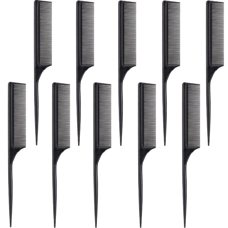 Leinuosen 10 Pcs Rat Tail Combs Set, Parting Comb Braiding Hair Styling Teasing Fine Tooth Comb for Women, Carbon Heat Resistant Anti Static Pintail(