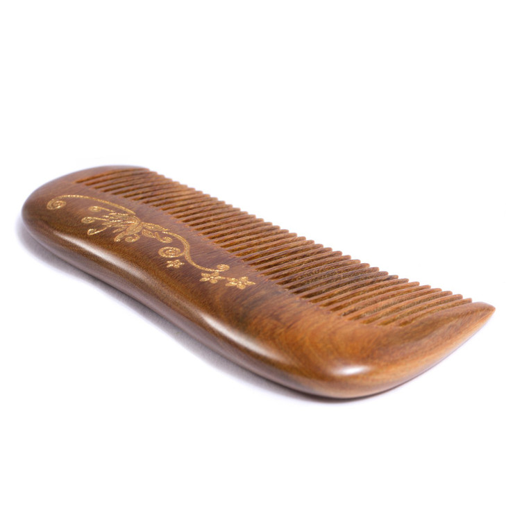 Breezelike Sandalwood Hair Comb - No Static Handmade Wooden Fine Tooth Detangling Comb with Golden Painted Flower