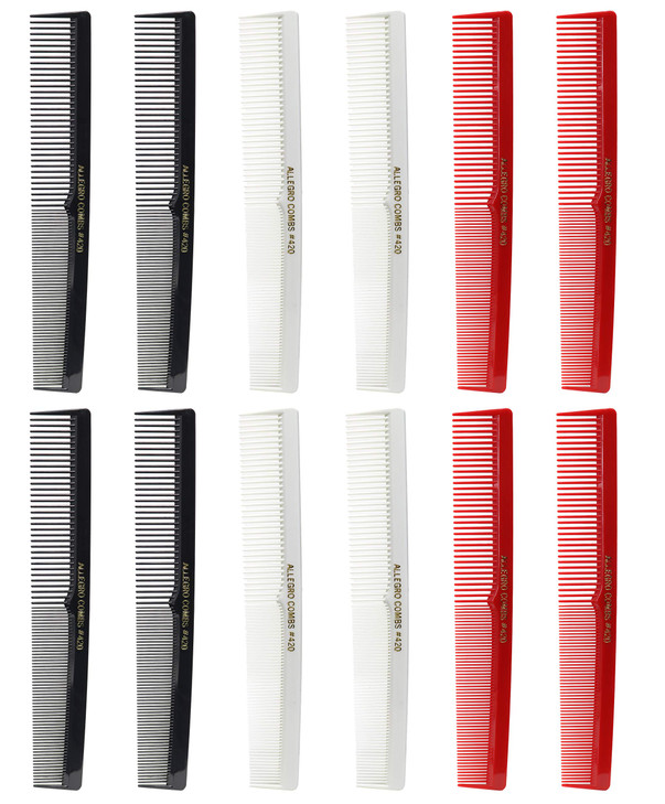 Allegro Combs 420 Barber Comb Set for Hair Stylists - Hair Cutting Pocket Combs in Black, Red, and White (12 Pack)