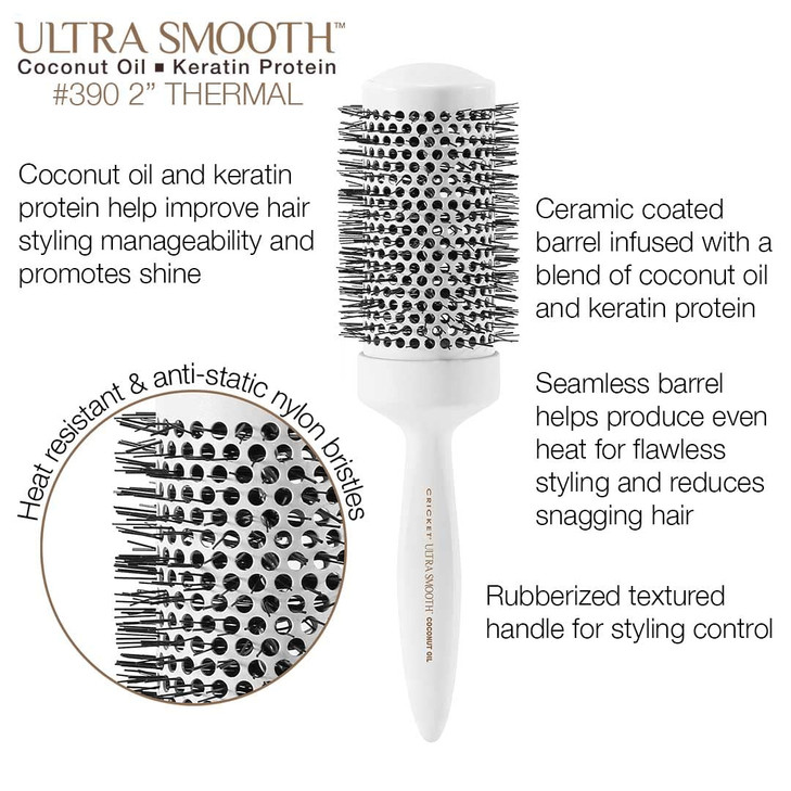 Cricket Ultra Smooth Coconut Thermal Hair Brush  2 Ceramic Barrel, Coconut Oil and Keratin-Infused, Anti-Static Heat-Resistant Bristles, Textured H