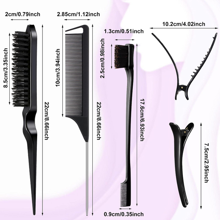 Remerry Hair Brush Set, 12 Pieces Nylon Brushes Including 3 Row Salon Teasing Brushes, Double Sided Edge Brush, Rat Tail Combs, Duckbill Clips for Wo