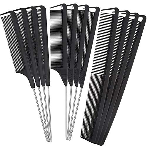 Patelai 12 Pieces Parting Comb for Braids Rat Tail Steel Pintail Fine Teeth Heat Resistant Teasing Combs with Stainless Steel Pintail(Black)