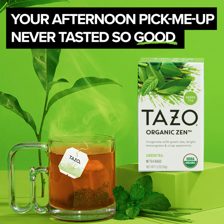 TAZO Organic Zen Green Tea, Caffeinated Tea with Refreshing Lemongrass & Spearmint, 16 Total Bags