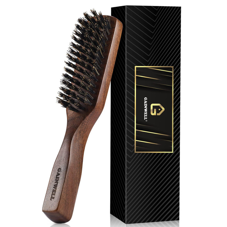 GAINWELL Mens Wild Boar Bristle Hair Brush for Men, Slick Back Hair Brush with Stiff Bristles for Thick Hair, Natural Black Walnut Wooden Handle Hair