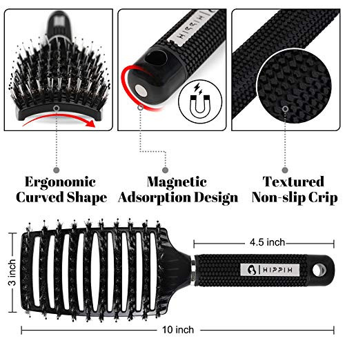 Boar Bristle Hair Brush 2 Pack, HIPPIH Wet & Dry No Pull Curved Vented Hair Brush, Styling Magical Detangler Brush for Kids & Men, Hairbrush for Wome