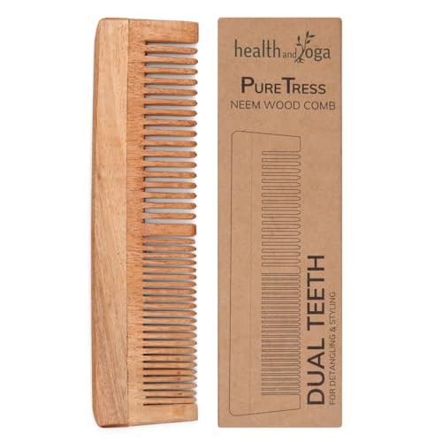 HealthAndYoga PureTress Handcrafted Dual Teeth Neem Wood Comb  Fine PLUS Wide Tooth Comb for Women and Men - Non-Static and Eco-Friendly  Versatil