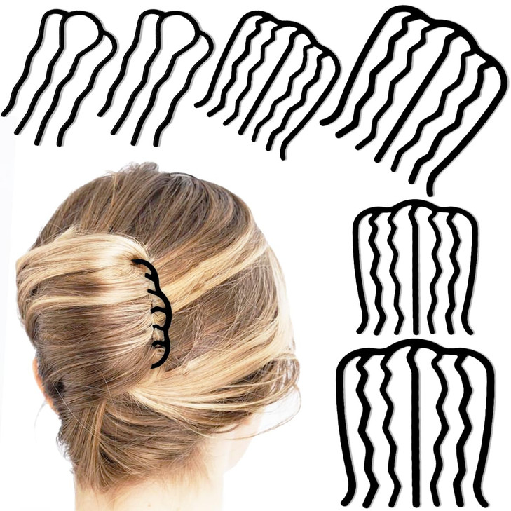 6 Piece Metal Hair Side Combs Hair Fork Clip Teeth Hair Pin Stick for Updo Bun, U Shape for Vintage Hairstyle Hair Accessories(Black-4/7 teeth)