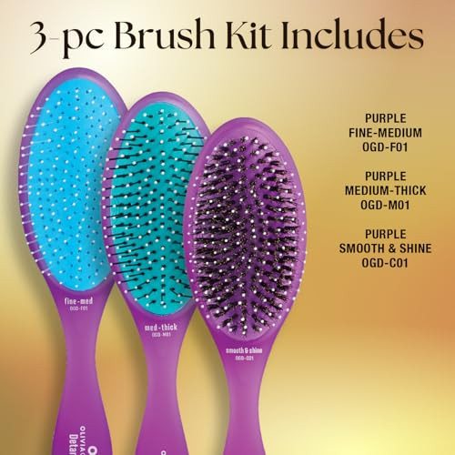 Olivia Garden Brush Collection, removable cushion, scalp hugging massages the scalp, 1 fine to medium, 1 medium to thick detangler, 1 smooth and shin