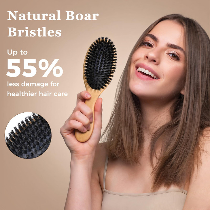 BLACK EGG Boar Bristle Hair Brush for Women Men Kid, Soft Natural Bristles Brush for Thin and Fine Hair, Restore Shine and Texture, Set includes Bamb