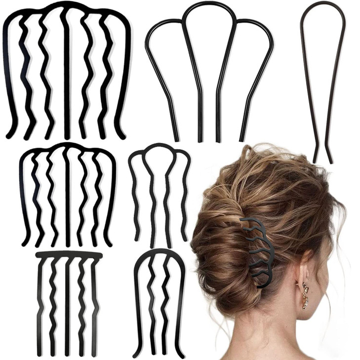 7 Pcs Metal Hair Side Combs Hair Fork Clip Teeth Hair Pin Stick for Updo Bun, U Shape Hair Combs for Vintage Hairstyle Hair Accessories, Thick&Fine H