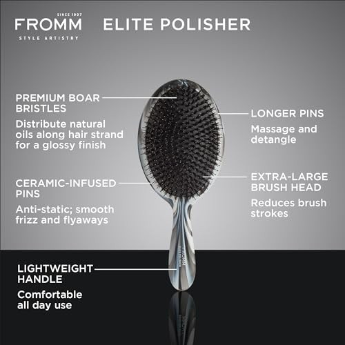 Fromm Professional Elite Polisher Ceramic x Ionic Luxurious Shine Boar Bristle Brush | Gentle Hair Detangler & Massage Brush Smooths Frizz & Flyaways