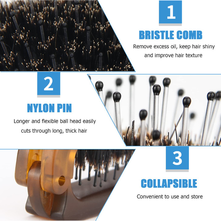 Travel Folding Hair Brush, Collapsable Portable Pocket Boar Bristle Hair Brush for Thin Thick Hair, Mini HairBrushfor Men Women Kids Thick Thin Curly