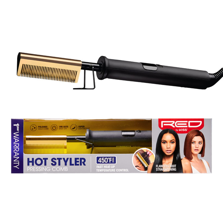 Red by Kiss Hot Comb Hair Straightener 450 Degrees, Straight Teeth Electric Heating Comb, Pressing Comb Brush for Straightening Hair and Beard, Curli