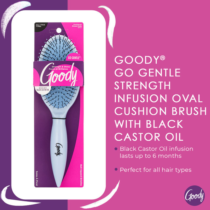 Goody Round Cushion Brush Infused with Black Castor Oil - Go Gentle - Strengthens & Shines for All Hair Types Without Tears or Breakage - Pain-Free A