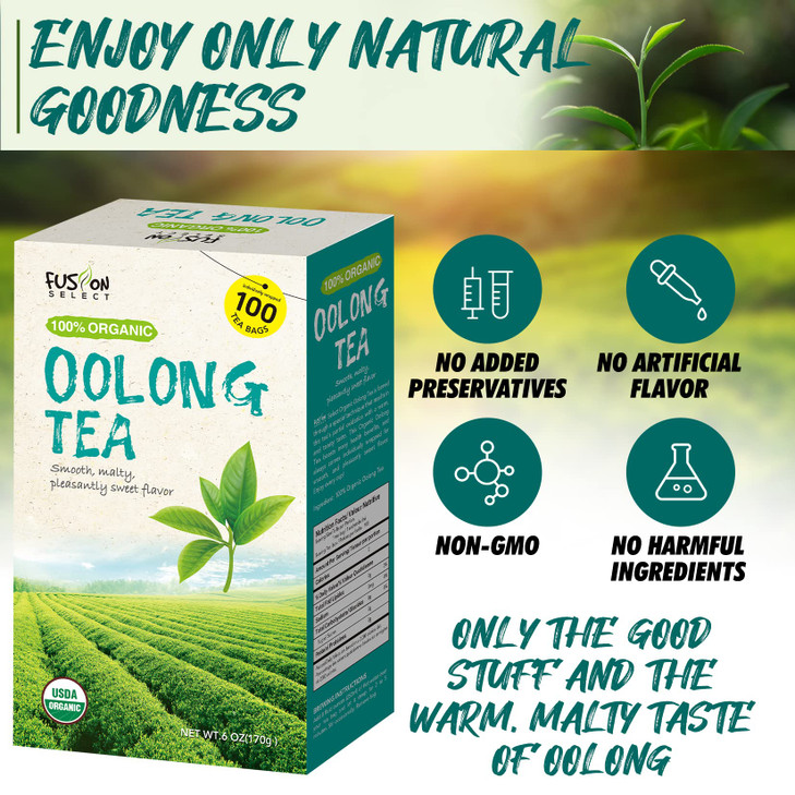 Fusion Select Organic Oolong Tea Bags - Smooth, Mildly Sweet Flavor  Healthy, Relaxing, Fresh Herbal Drink - Instant, Just Steep In Hot Water - 100