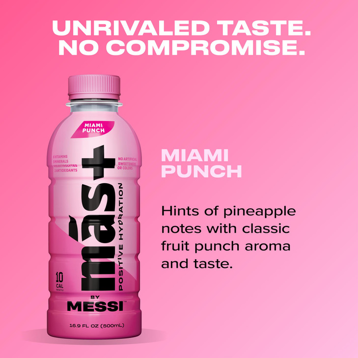 Más+ by Messi 16.9oz Miami Punch, Sports Drink & Hydration Beverage, Natural Flavors with Vitamins and Electrolytes, No Artificial Sweeteners or Colo