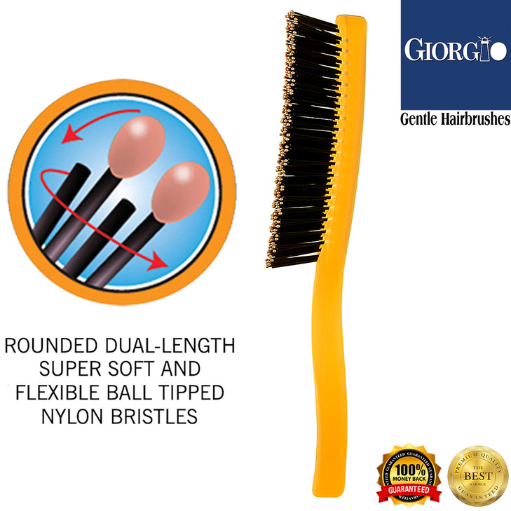 Giorgio GION1O Neon Orange 7.75 inch Gentle Touch Detangler Hair Brush for Men and Women. Soft Bristles for Sensitive Scalp. Wet and Dry for all Hair
