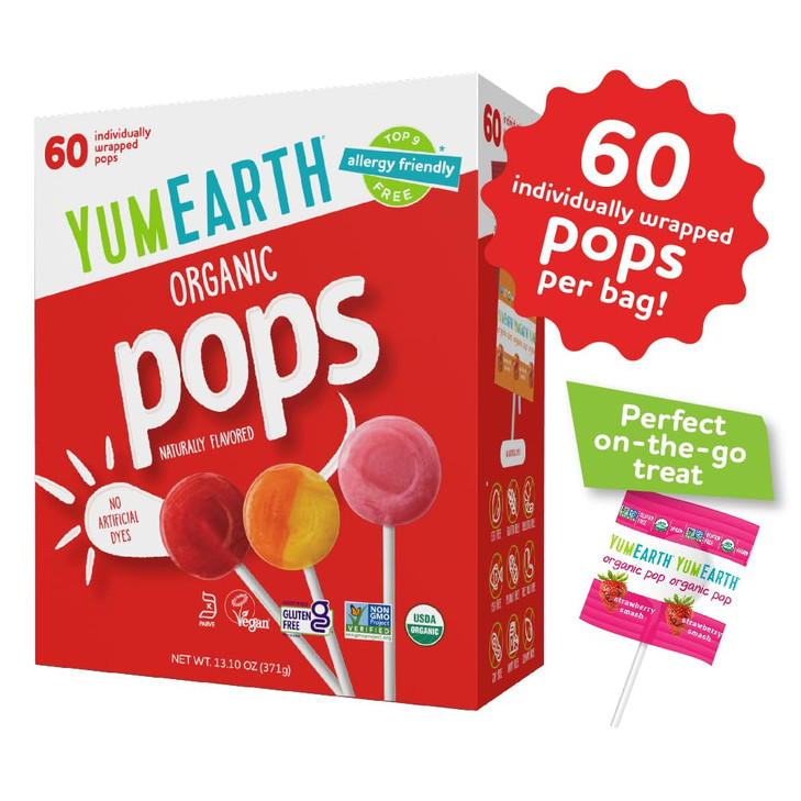 YumEarth Organic Pops Variety Pack, 60 Fruit Flavored Favorites Lollipops, Allergy Friendly, Gluten Free, Non-GMO, Vegan, No Artificial Dyes