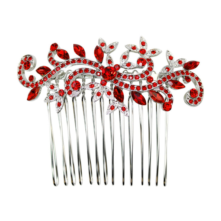 Faship Red Crystal Floral Hair Comb