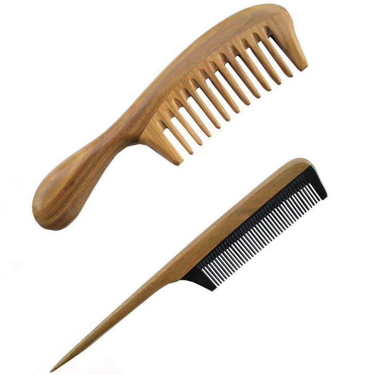 Sandalwood Wood Comb No Static Handmade Wide Tooth Comb and Fine Tooth Teasing Tail Comb Natural Buffalo Horn Teeth Comb Wooden Comb Set
