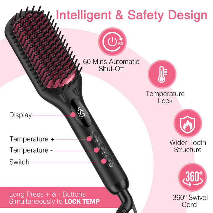 Enhanced Ceramic Hair Straightener Brush by MiroPure, 2-in-1 Ionic Straightening Brush with Anti-Scald Feature, Auto Temperature Lock & Auto-Off Func